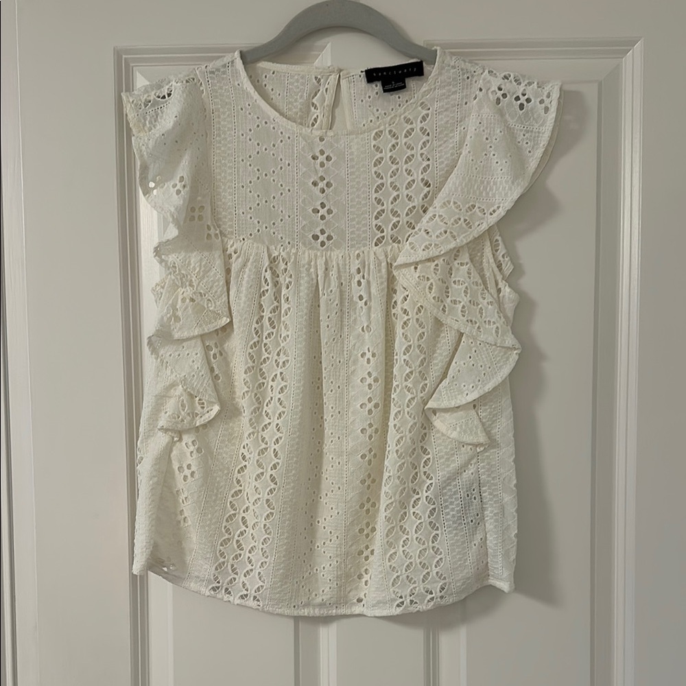 Sanctuary- Eyelet Ruffle Sleeveless Top - White
